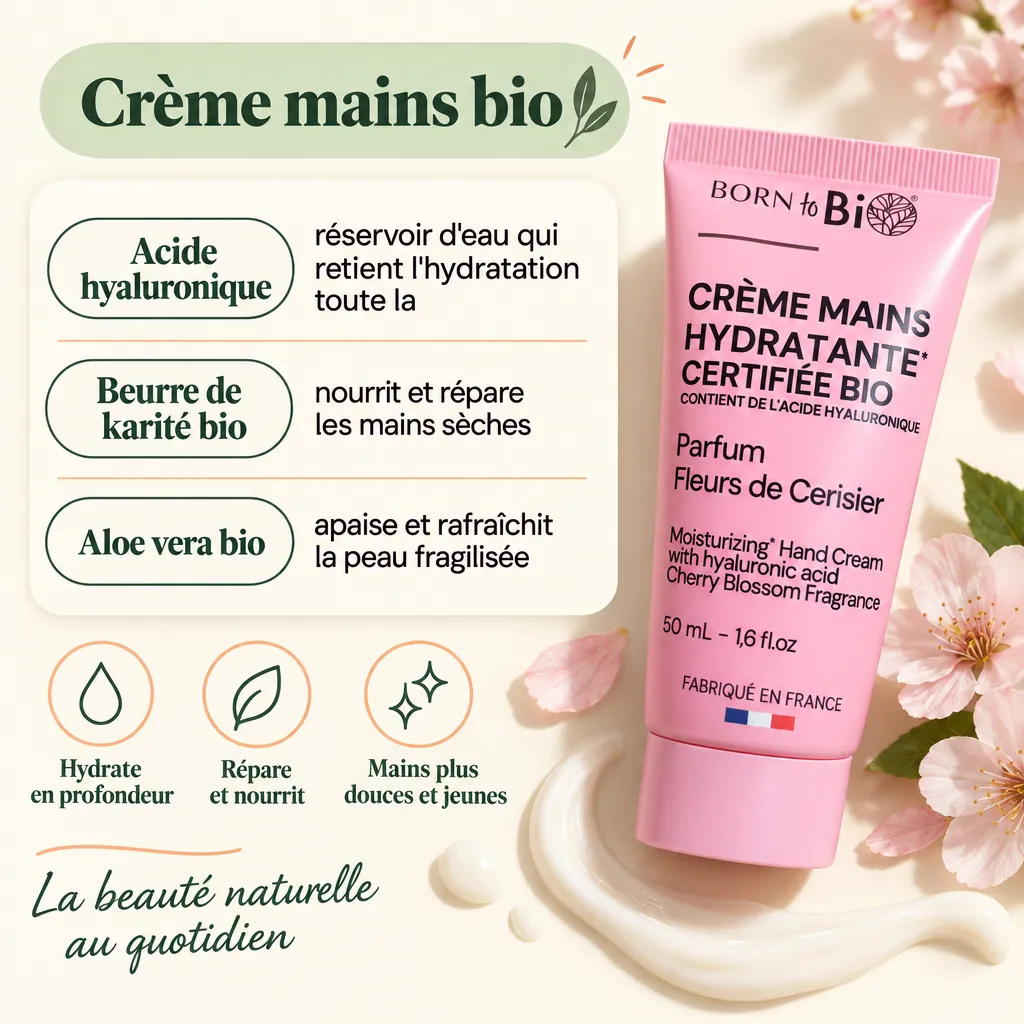 Crème mains bio Born To Bio : acide hyaluronique, karité, aloe vera