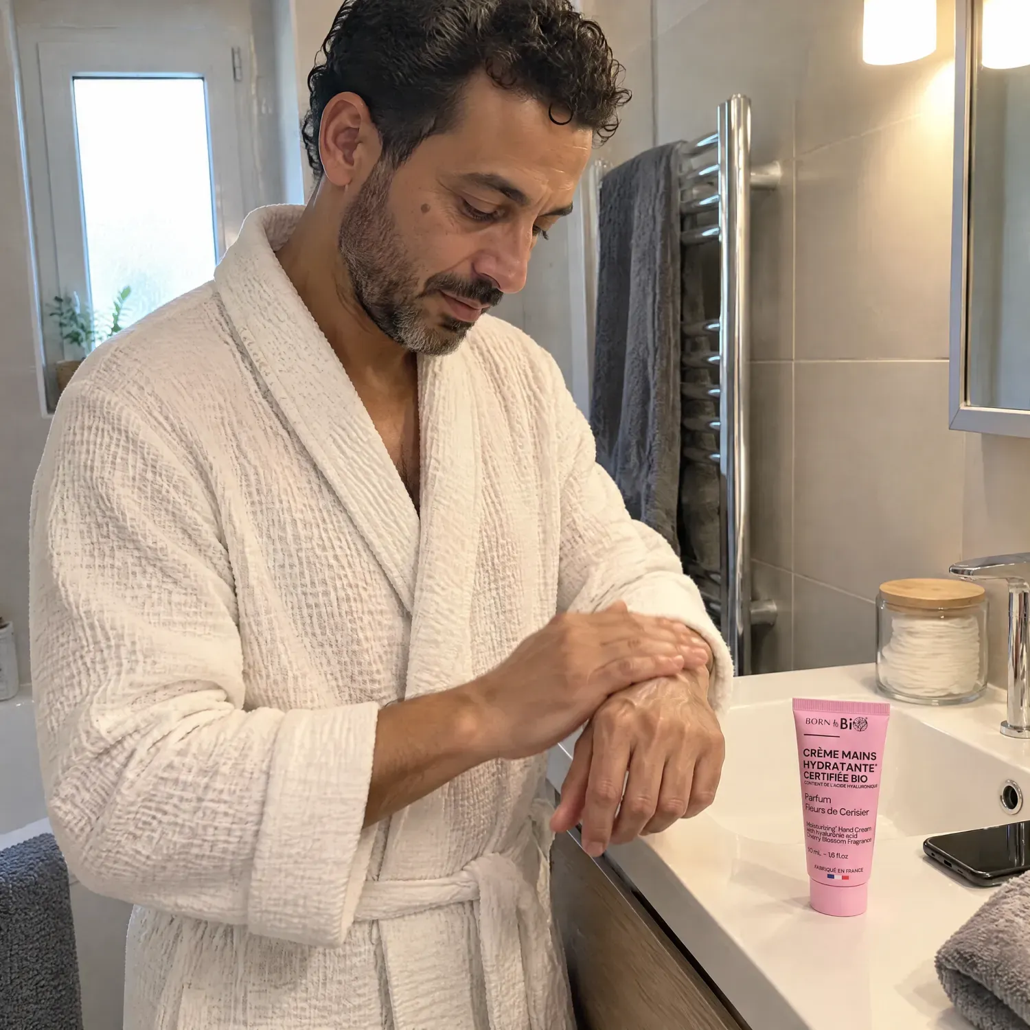 Homme en peignoir appliquant la crème mains bio Born To Bio sur sa main