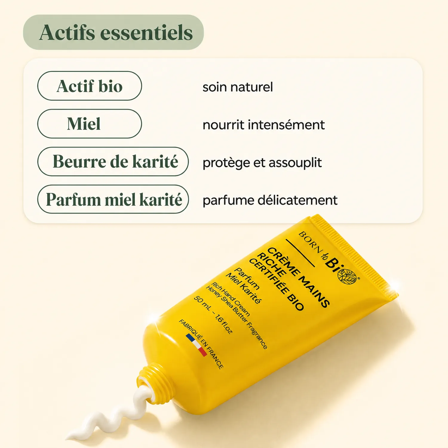 Actifs bio miel karité crème mains riche Born to Bio certifiée bio