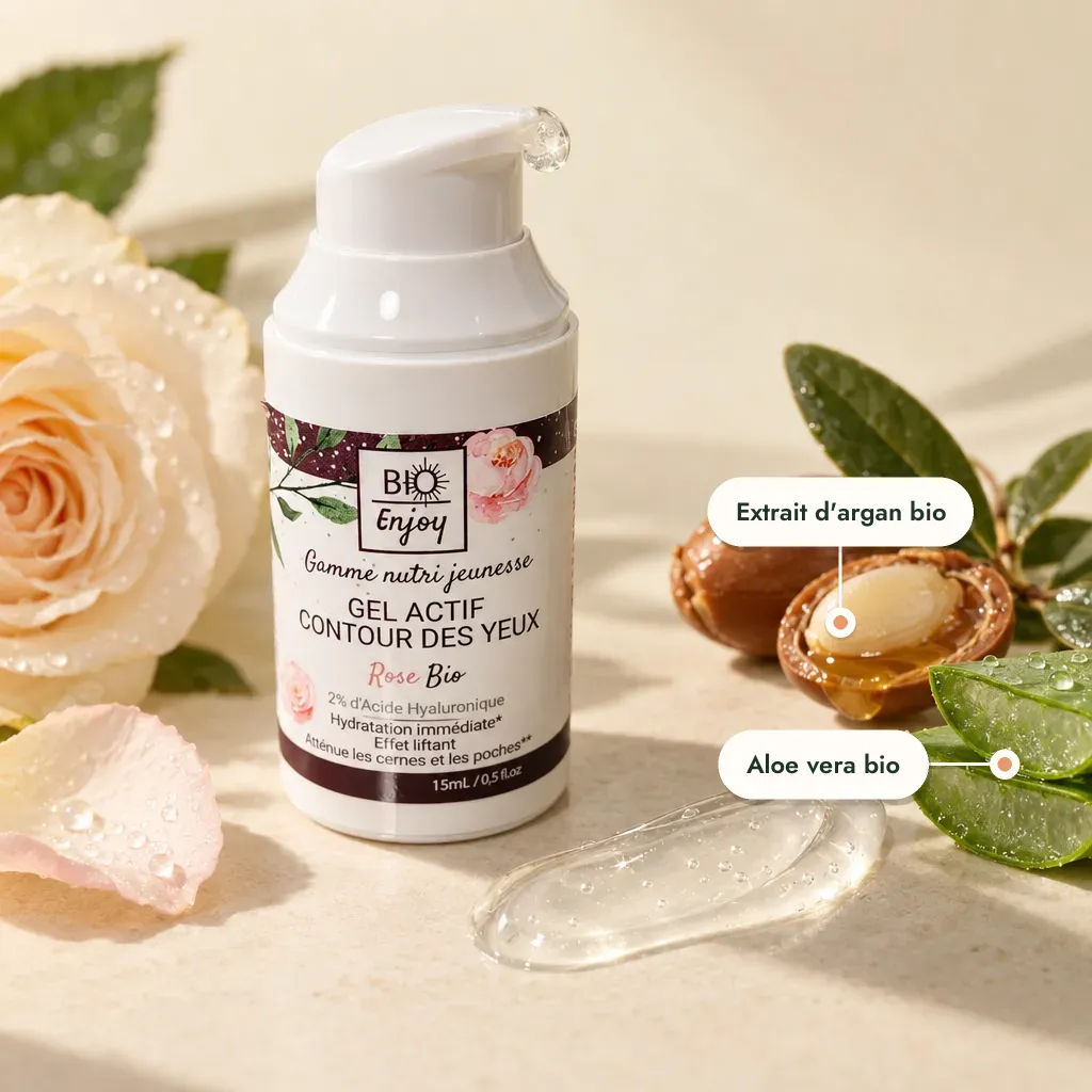 Flacon pompe gel contour des yeux bio, texture, rose et argan