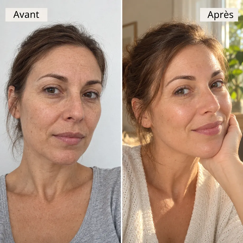 Avant après visage d'une femme après l'huile de bakuchiol Olaé