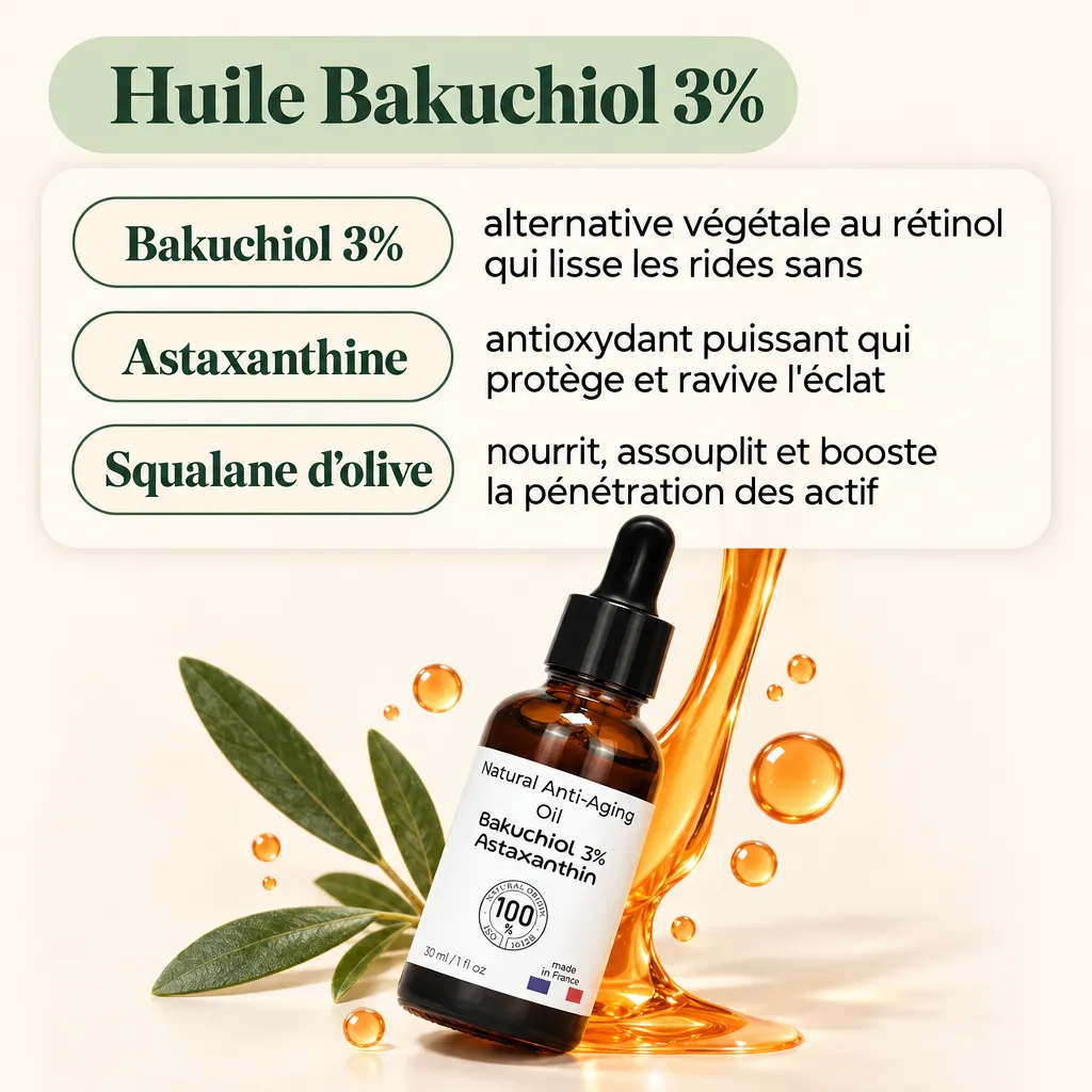 Huile Bakuchiol 3% Olaé : actifs astaxanthine et squalane d'olive