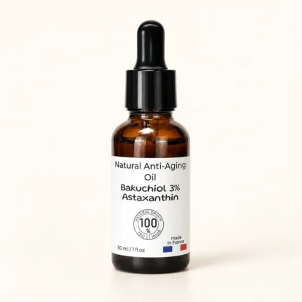 Flacon ambré 30 ml huile bakuchiol 3% astaxanthine avec pipette noire