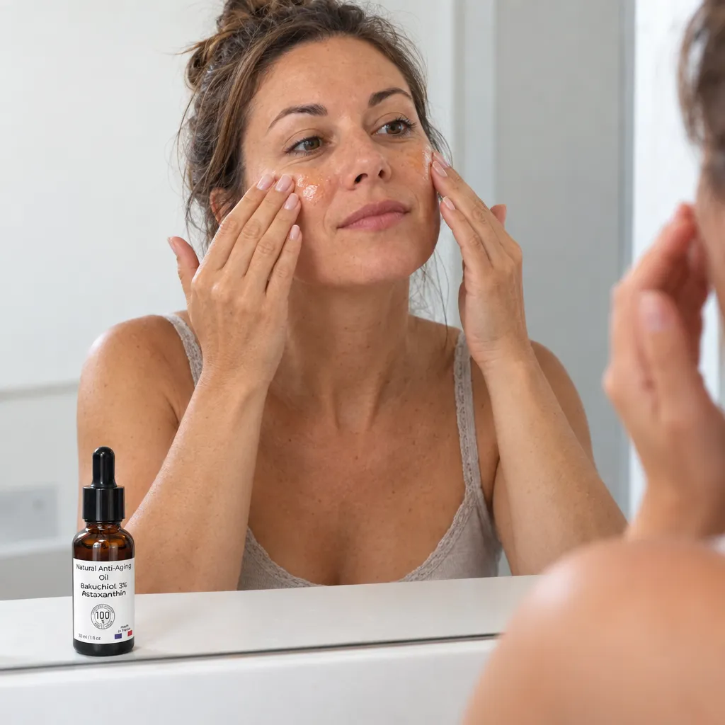 Femme appliquant l'huile bakuchiol Olaé sur son visage au miroir