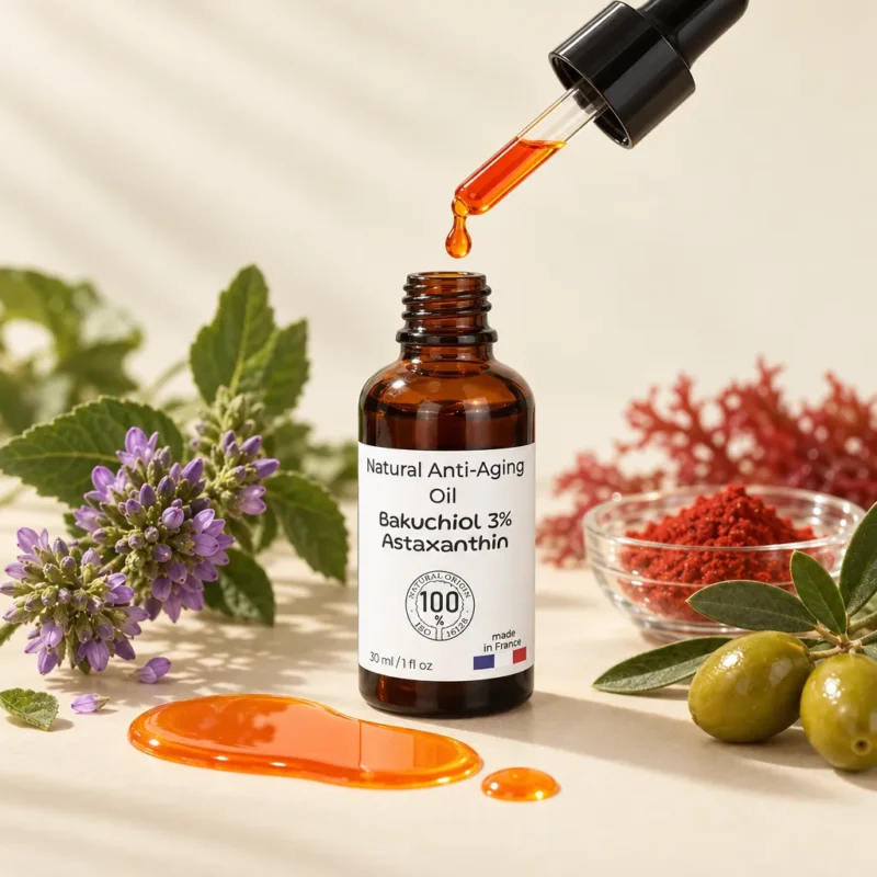 Goutte d'huile bakuchiol orange, flacon ambré, fleurs et olives