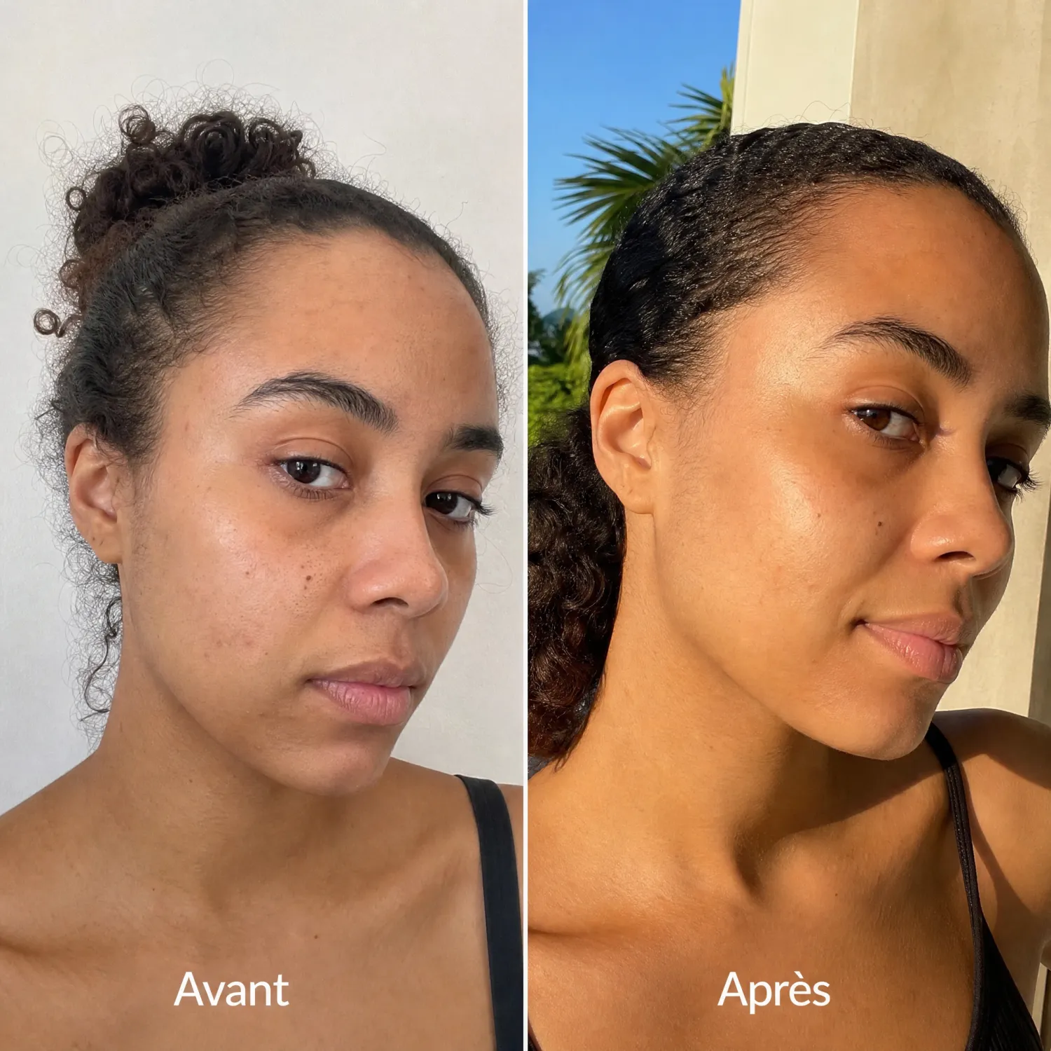 Avant après peau unifiée et lumineuse avec huile Tamanu Bio