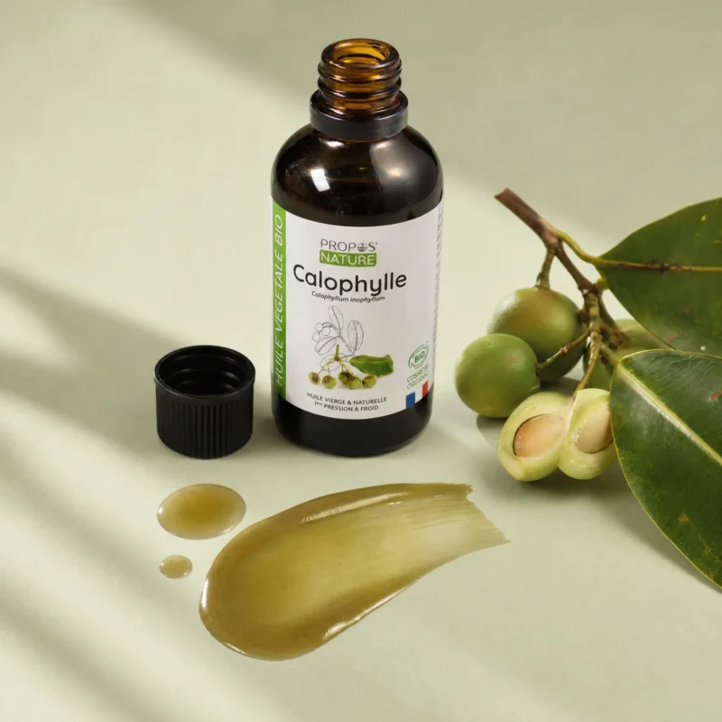 Huile de Calophylle Bio Propos'Nature texture dorée et fruits verts