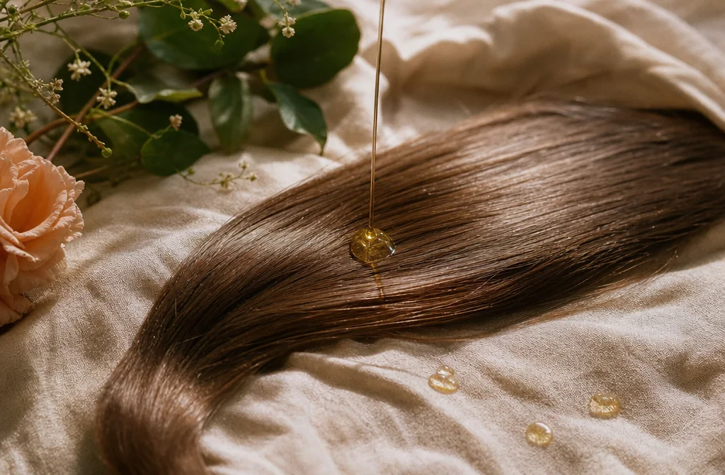 Huile capillaire dorée sur cheveux brillants — cosmétiques bio fabriqués en France