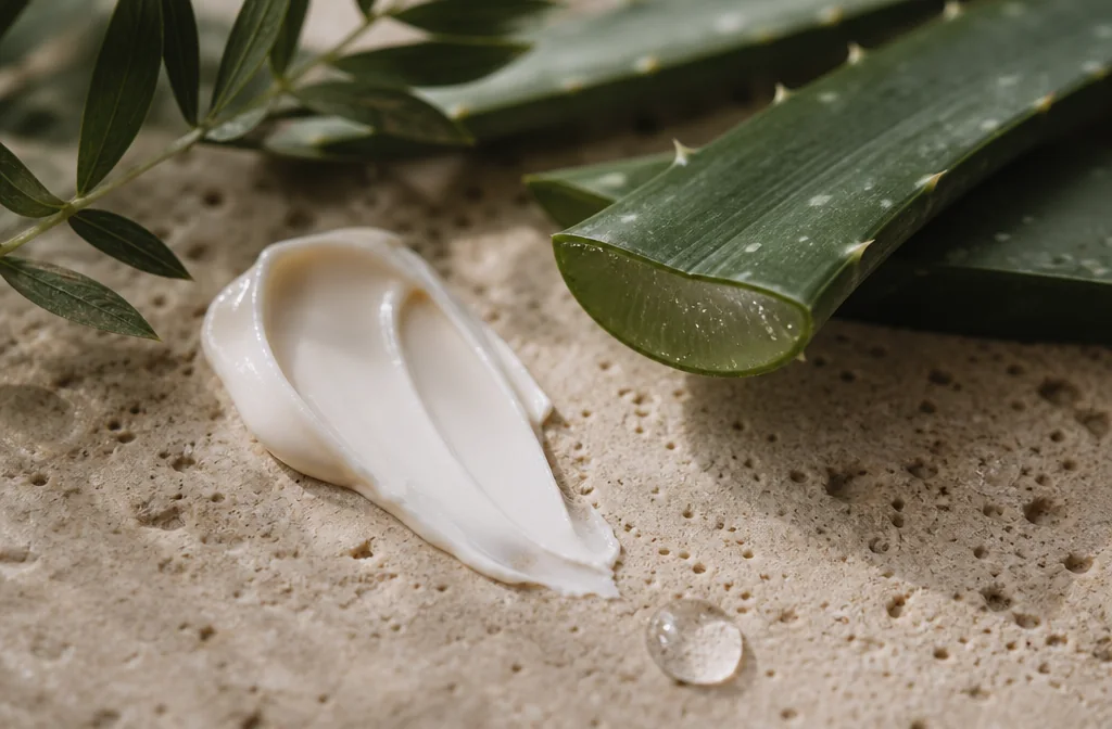 Ingrédients naturels d'une crème visage — texture et aloe vera, cosmétiques bio fabriqués en France