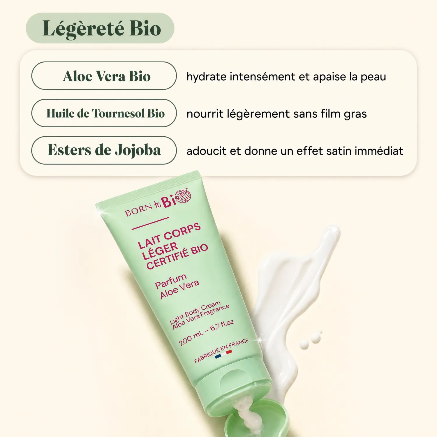 Lait corps léger bio Born To Bio aloe vera, huile tournesol, jojoba