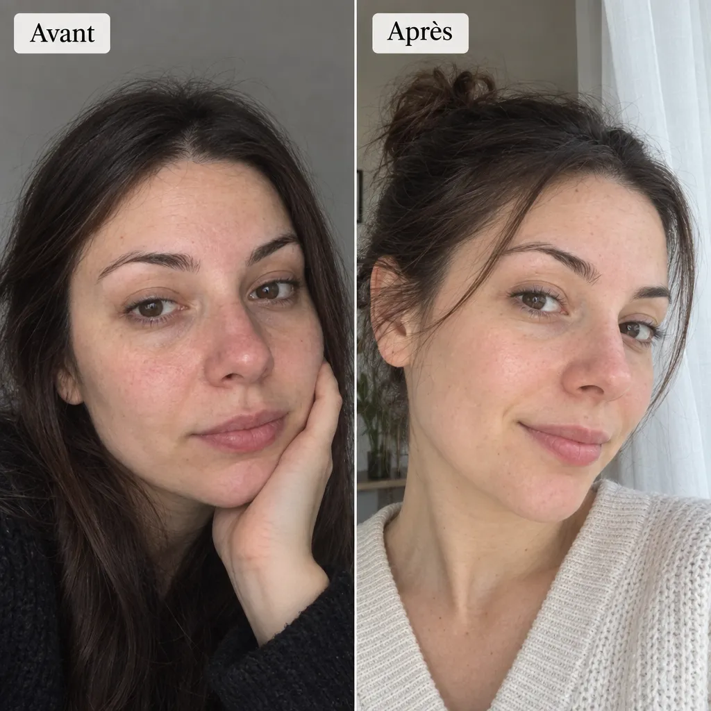 Avant après visage femme : peau terne puis teint lisse et lumineux