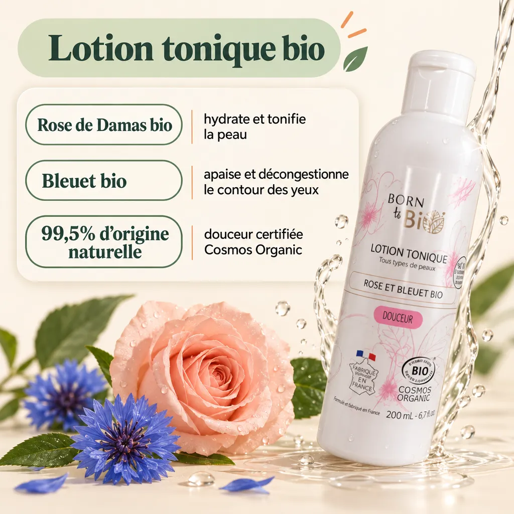 Lotion tonique bio Born To Bio : actifs rose de Damas et bleuet