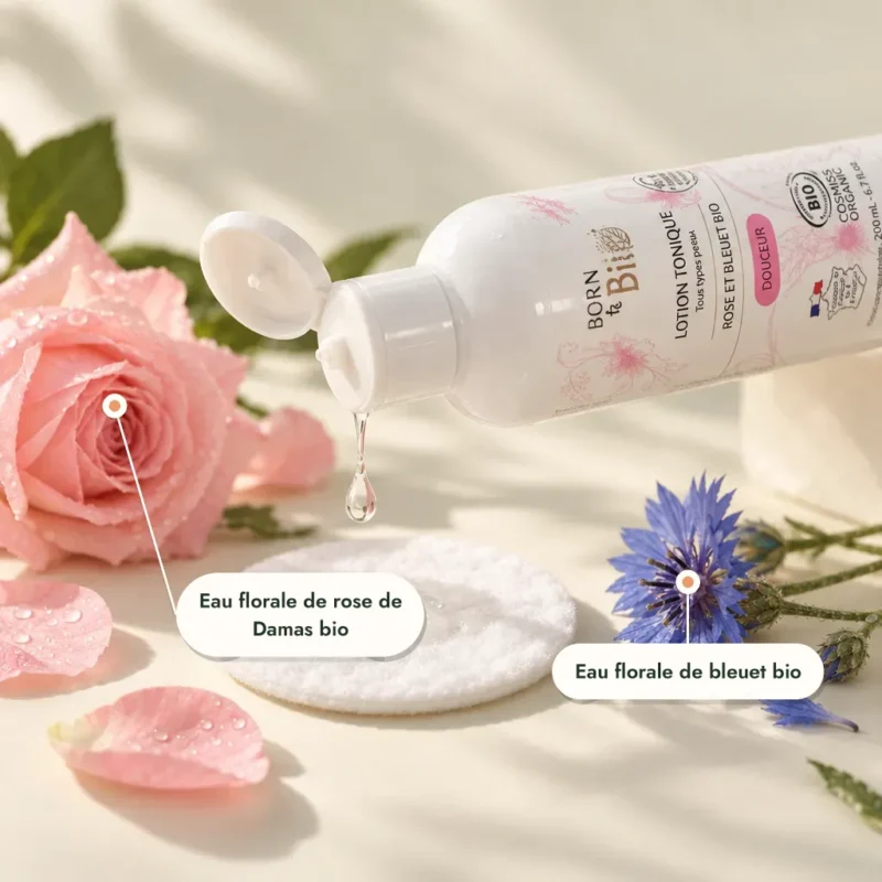 Goutte de lotion tonique bio sur coton, rose et bleuet frais