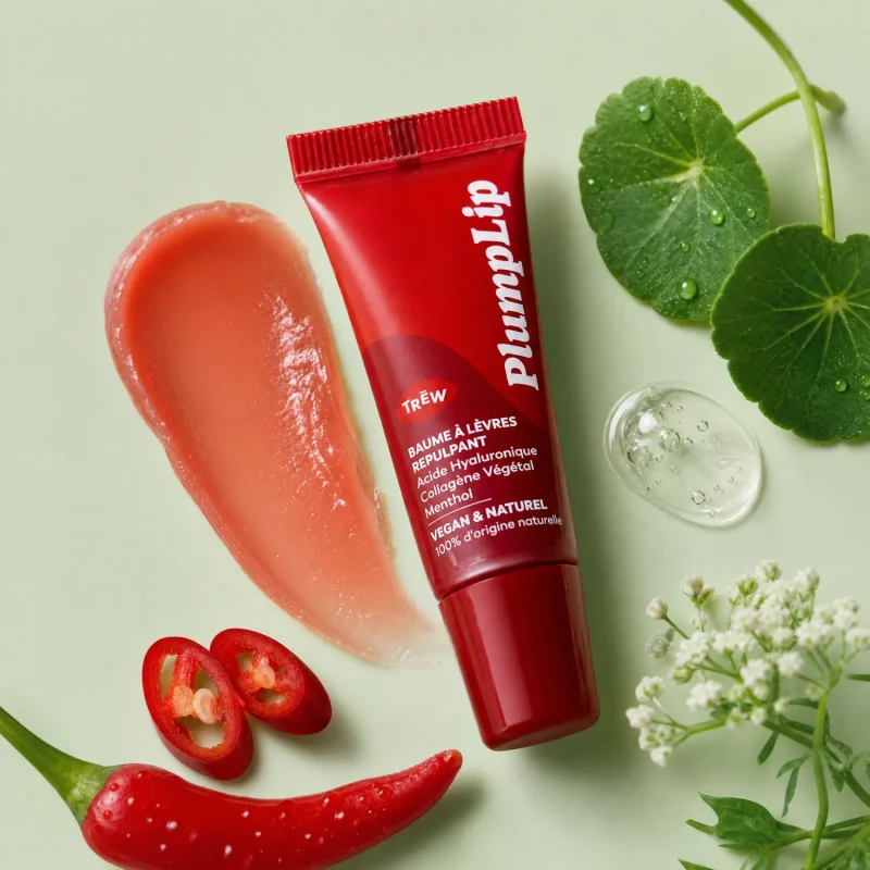 Tube rouge PlumpLip posé près de piments frais et texture rose