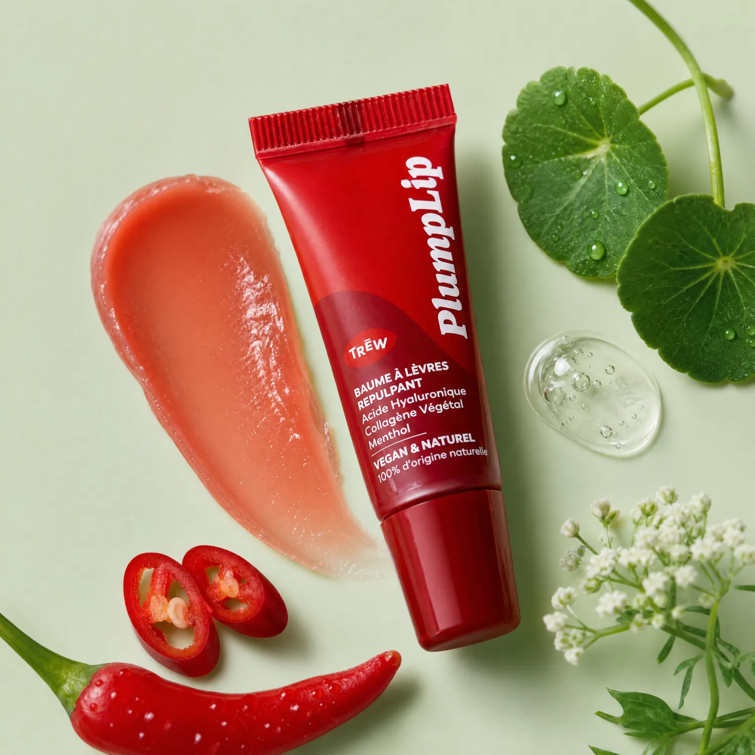 Tube rouge PlumpLip posé près de piments frais et texture rose