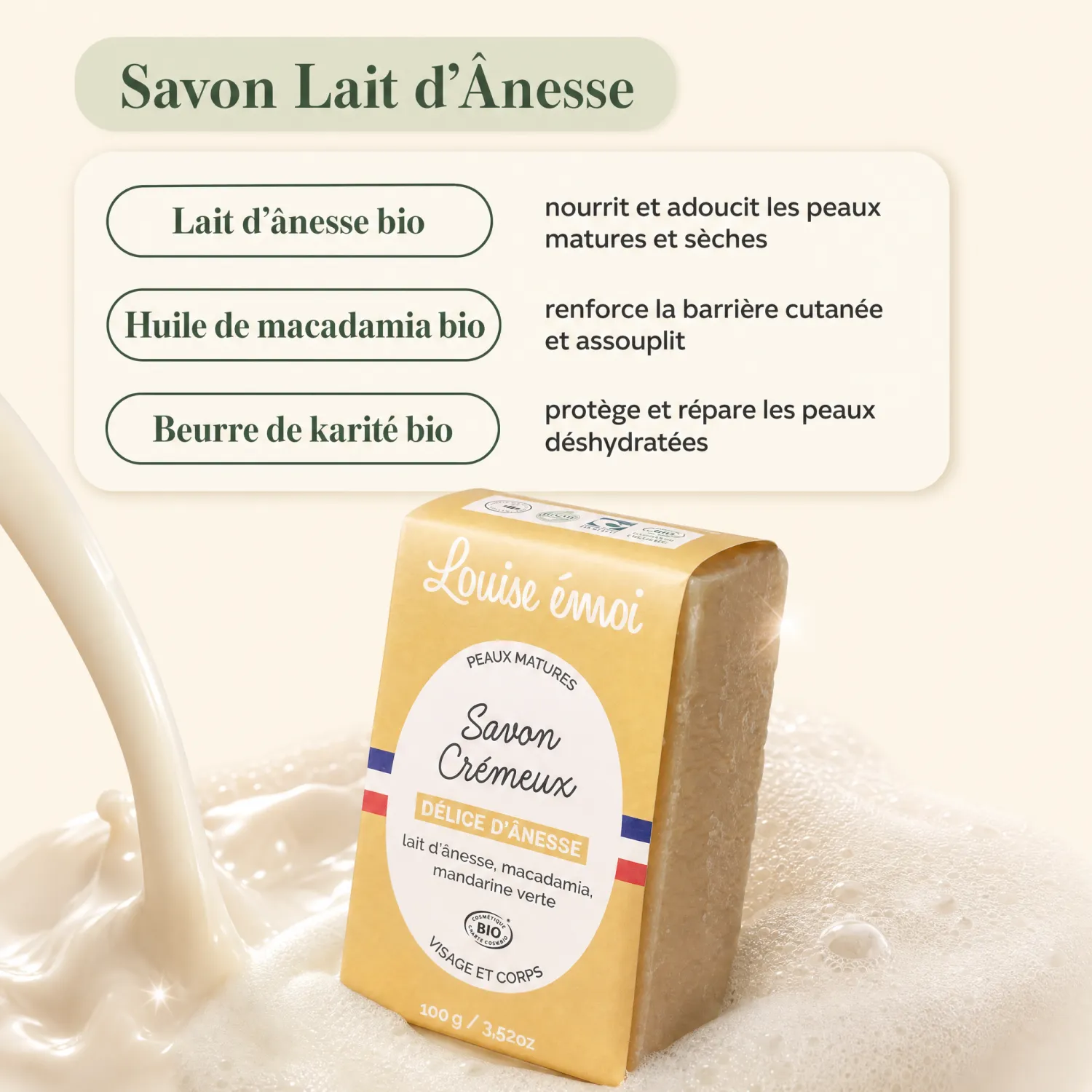Savon lait d'ânesse bio Louise émoi – actifs et bénéfices