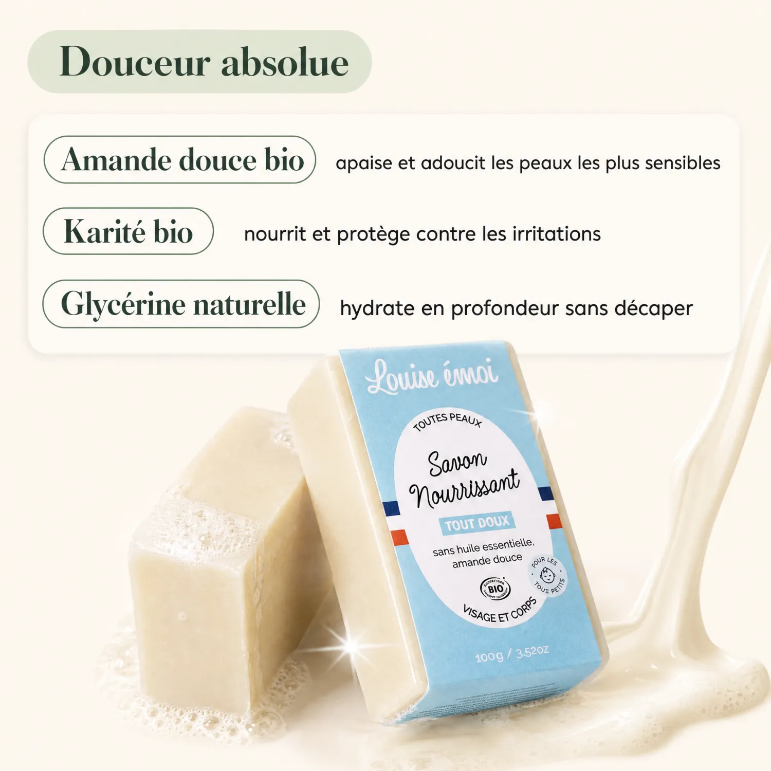 Savon bio tout doux amande douce karité glycérine peaux sensibles
