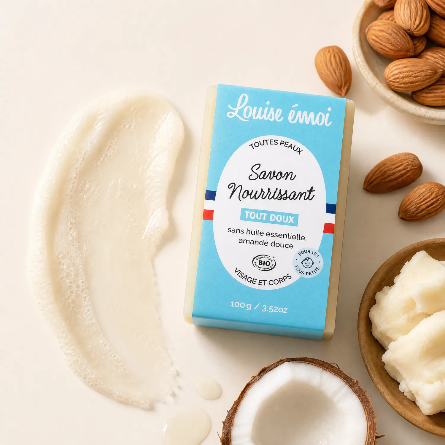 Savon bio tout doux Louise émoi texture crémeuse amandes coco