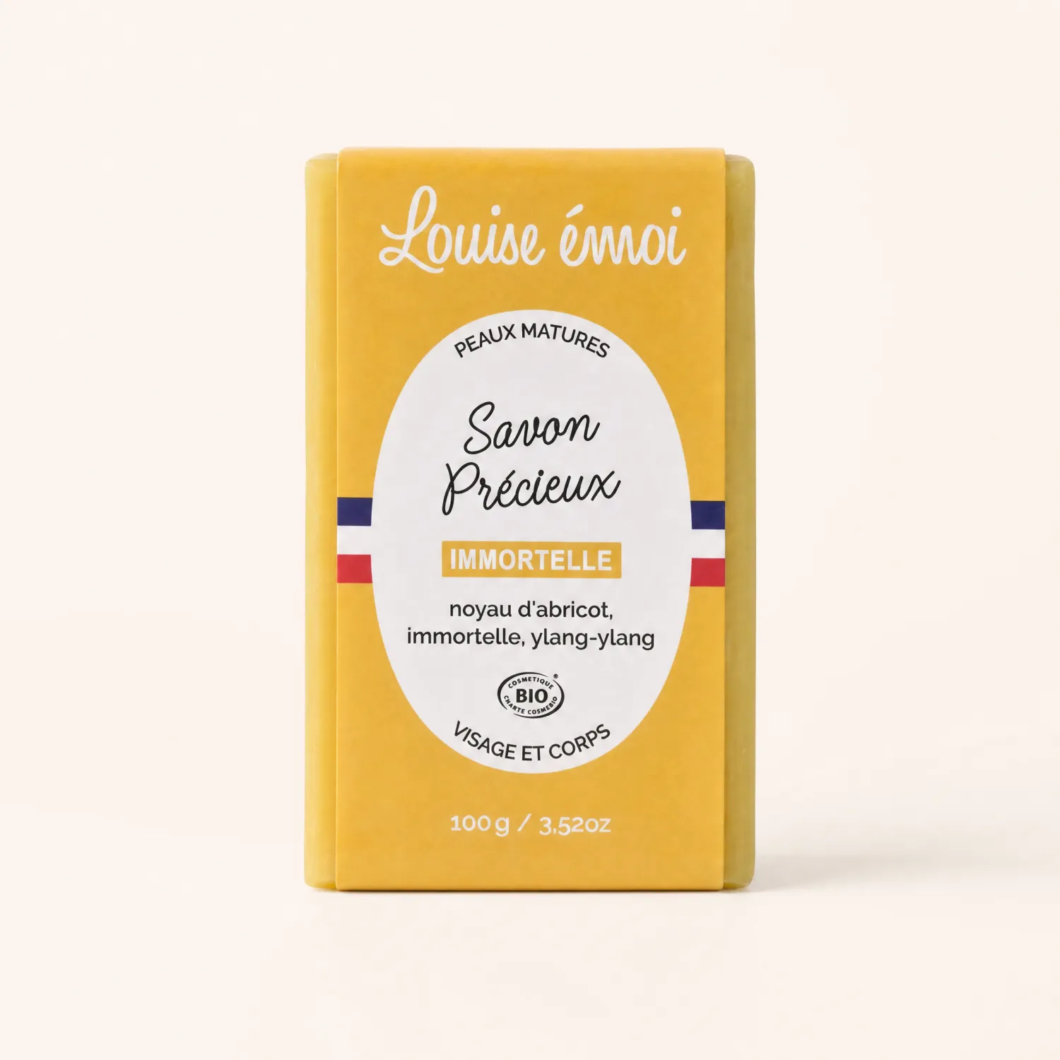 Savon Bio Immortelle Louise émoi 100g sur fond crème