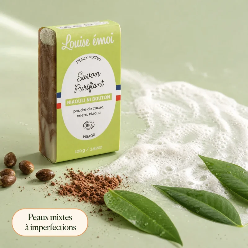 Savon purifiant bio Louise émoi niaouli cacao feuilles vertes
