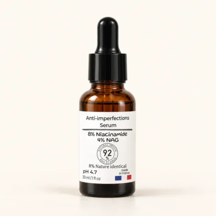Flacon ambré sérum anti-imperfections Olaé niacinamide 8% NAG 30 ml