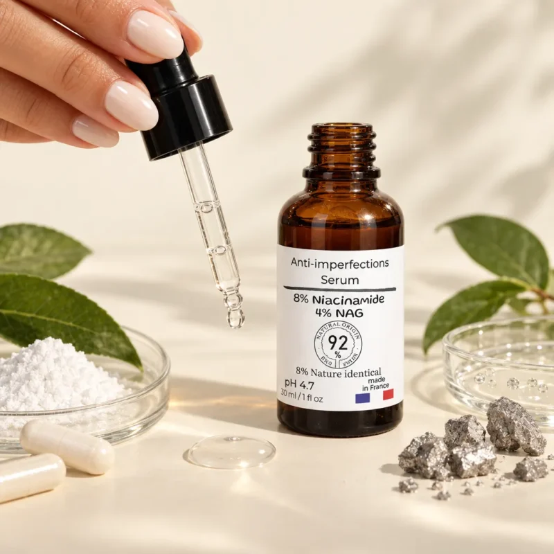 Goutte de sérum niacinamide Olaé au compte-gouttes, poudre et minéraux