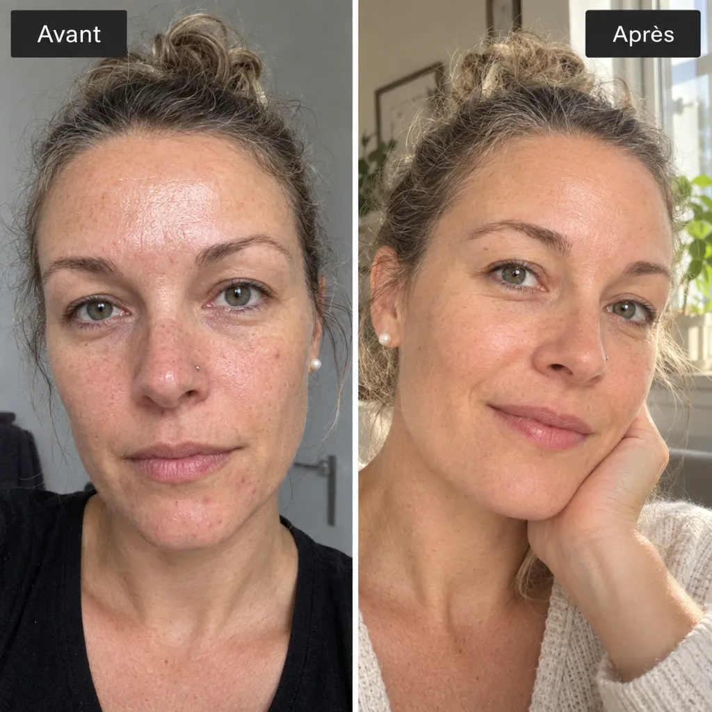 Avant/après visage d'une femme, peau lissée après le sérum Olaé
