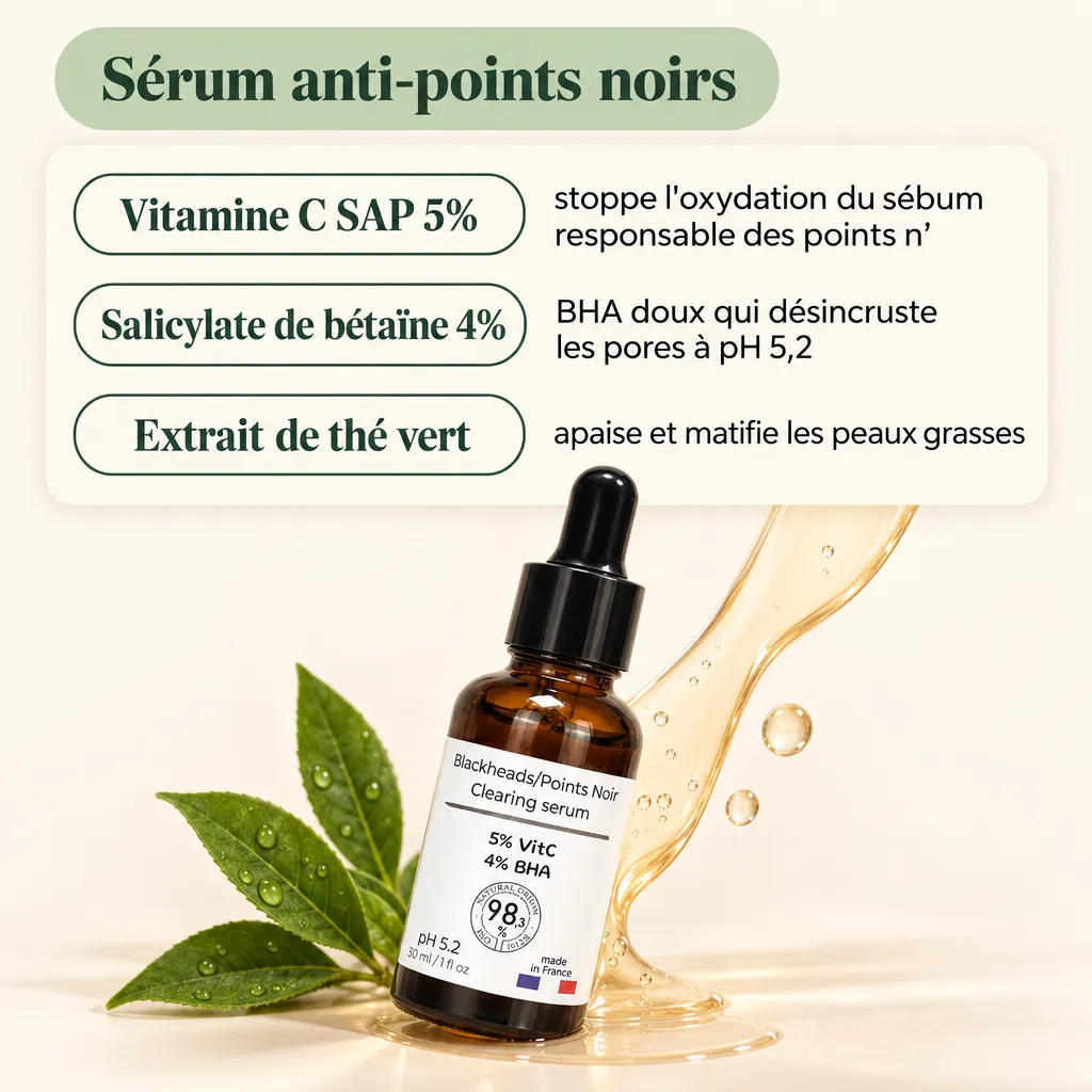 Sérum anti-points noirs Olaé : vitamine C SAP 5%, BHA 4%, thé vert