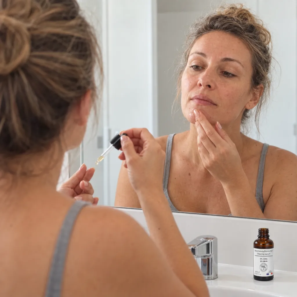 Femme appliquant le sérum anti-points noirs Olaé face au miroir