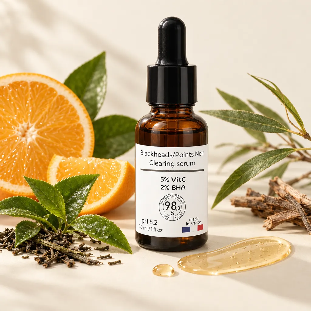 Flacon sérum Olaé vitamine C BHA, texture gel, orange et thé vert