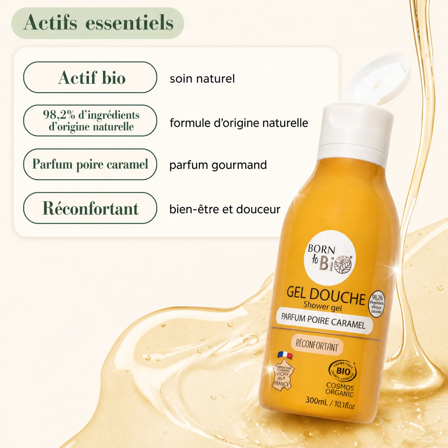 Actifs bio gel douche poire caramel Born to Bio 98,2% naturel