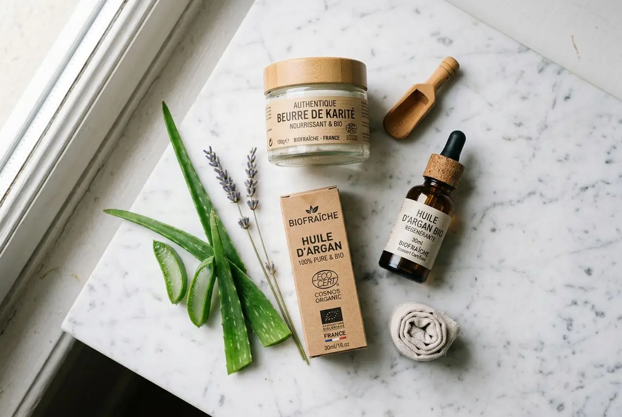 Gamme de cosmétiques naturels: beurre de karité, huile d’argan et huile d’avocat bio sur marbre, avec feuilles et fiole, illustrant beauté écoresponsable définition et principes.