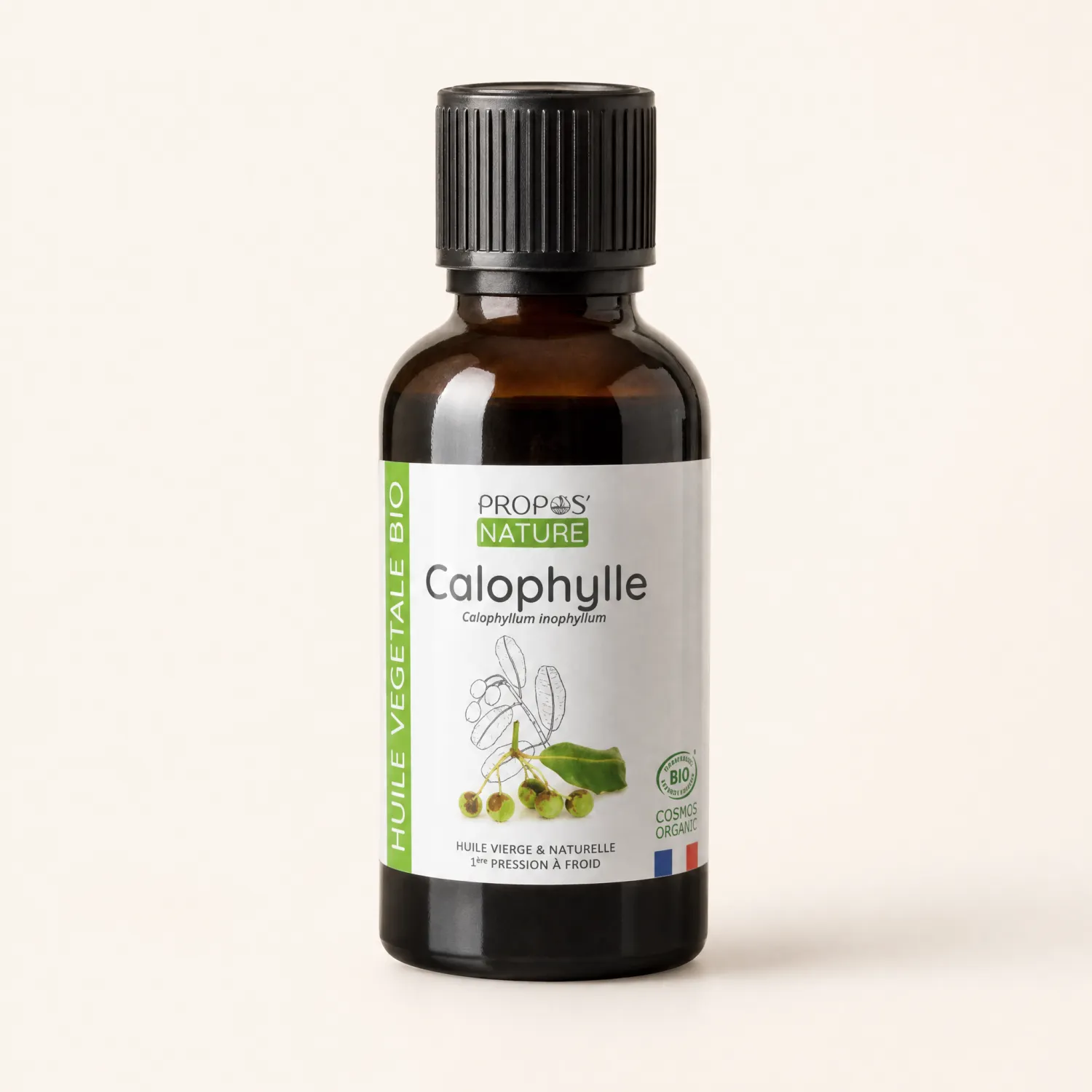 Huile végétale Calophylle biologique, adaptée à une routine beauté naturelle peau sensible, sous petit flacon brun avec étiquette propageant bio et cosmes organiques.