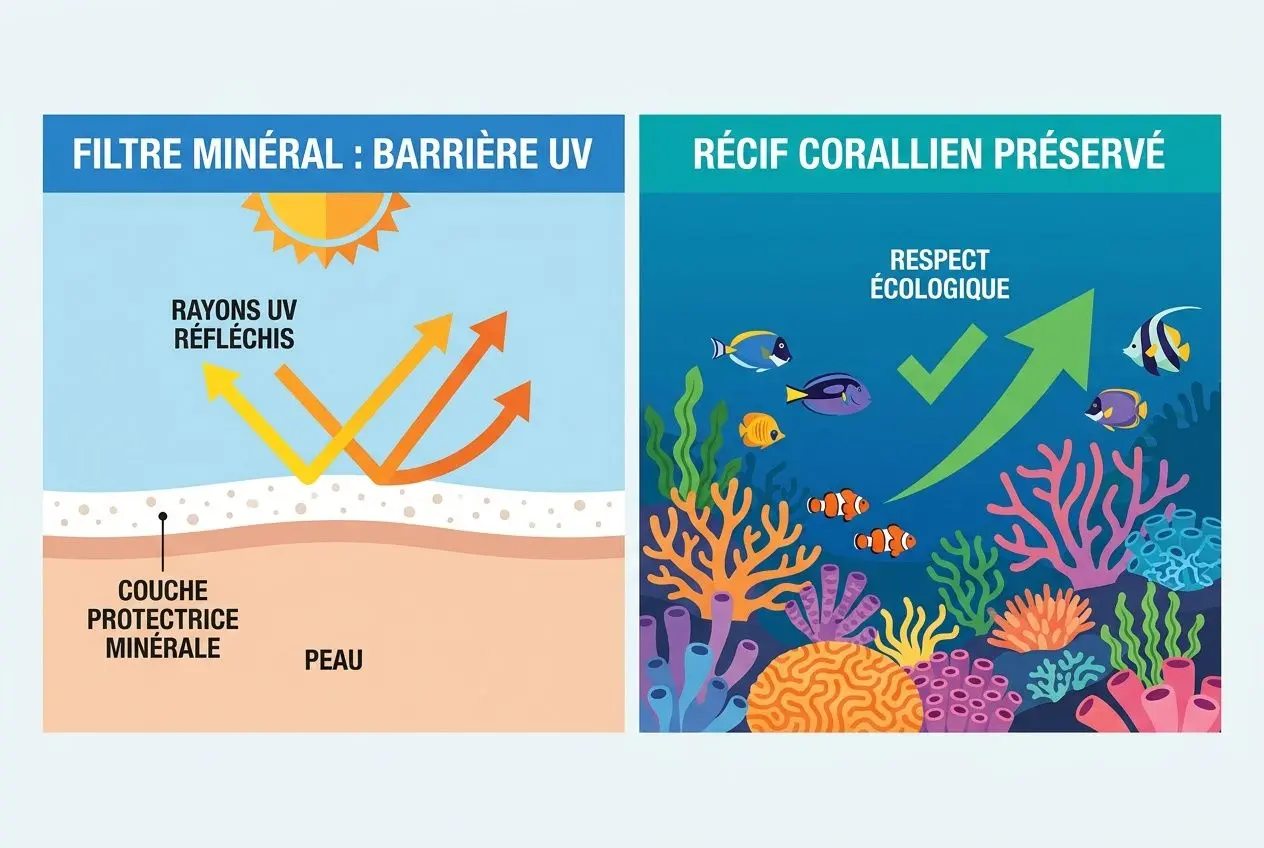 Schéma comparatif illustrant crème solaire minérale vs filtre UV; côté gauche: couche minérale protectrice et rayons réfléchis; côté droit: récif corallien préservé et respect écologique. Crème solaire minérale ou chimique discutée.