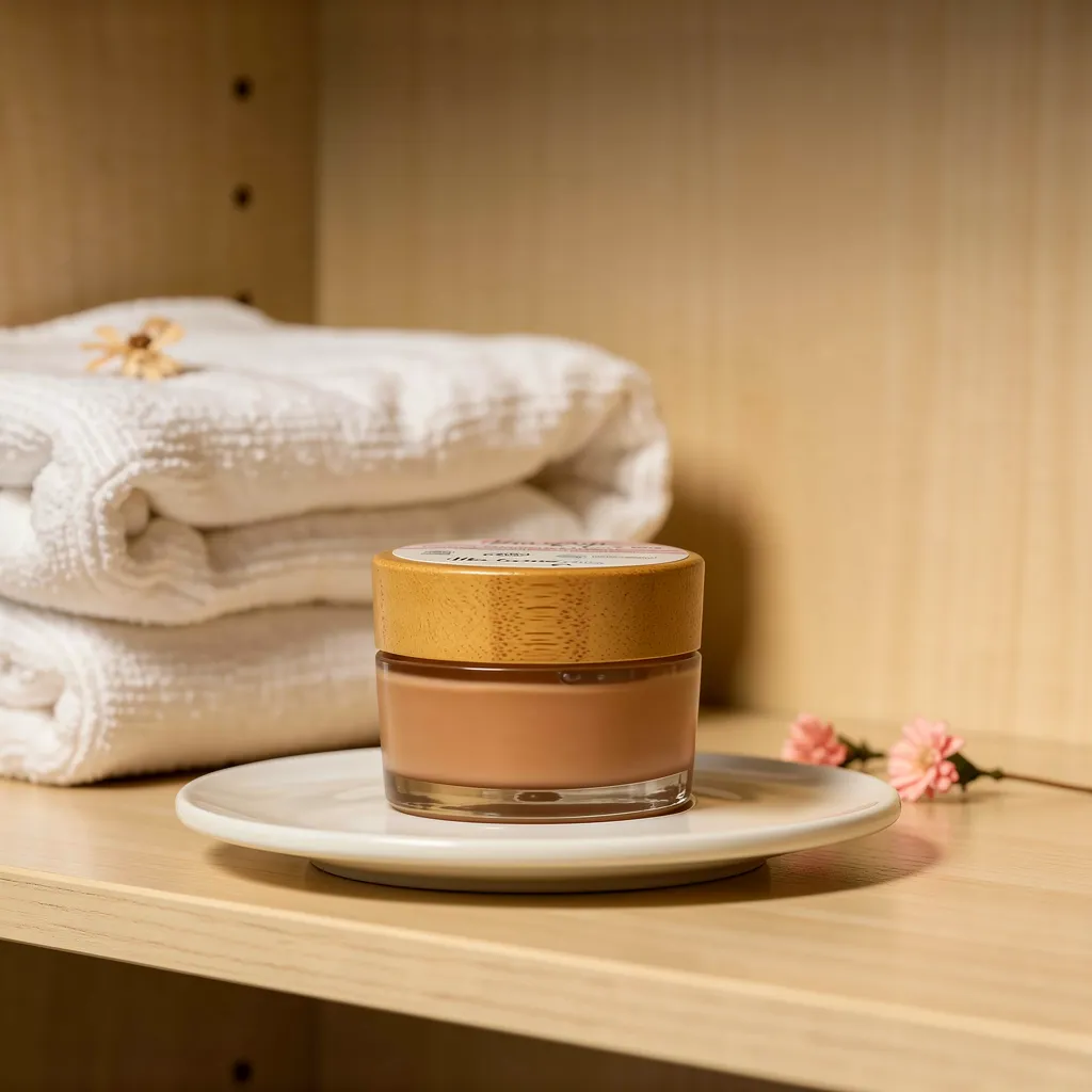 Masque anti-âge à l’argile rose « Masq’âge » 50 ml dans un petit pot en verre avec couvercle orange, posé sur une assiette blanche près de serviettes blanches.
