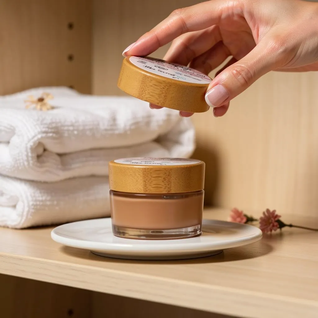 Masque anti-âge à l’argile rose "Masq'âge" 50 ml en pot élégant, posé sur une assiette; main retirant le couvercle en bois, toqueusement posé sur le pot, linge blanc en fond.