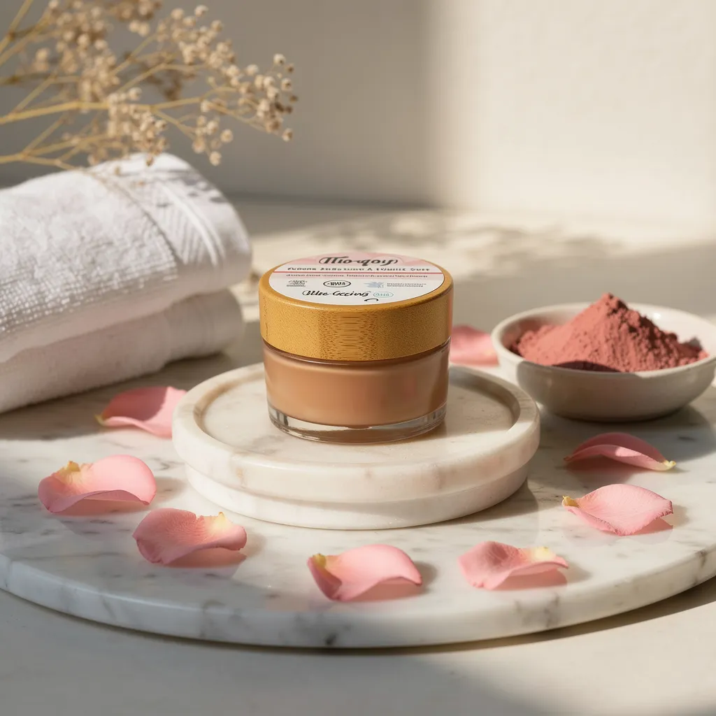 Masque anti-âge à l’argile rose « Masq’âge » 50 ml dans un pot en verre avec capuchon doré, posé sur un socle en marbre, entouré de pétales roses et d’un petit bol de poudre rose.