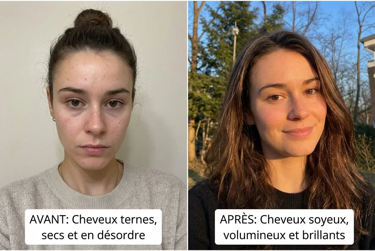 Avant et après: transformation capillaire montrant des cheveux soyeux, volumineux et brillants après le soin naturel pour les cheveux (meilleur soin naturel pour les cheveux).