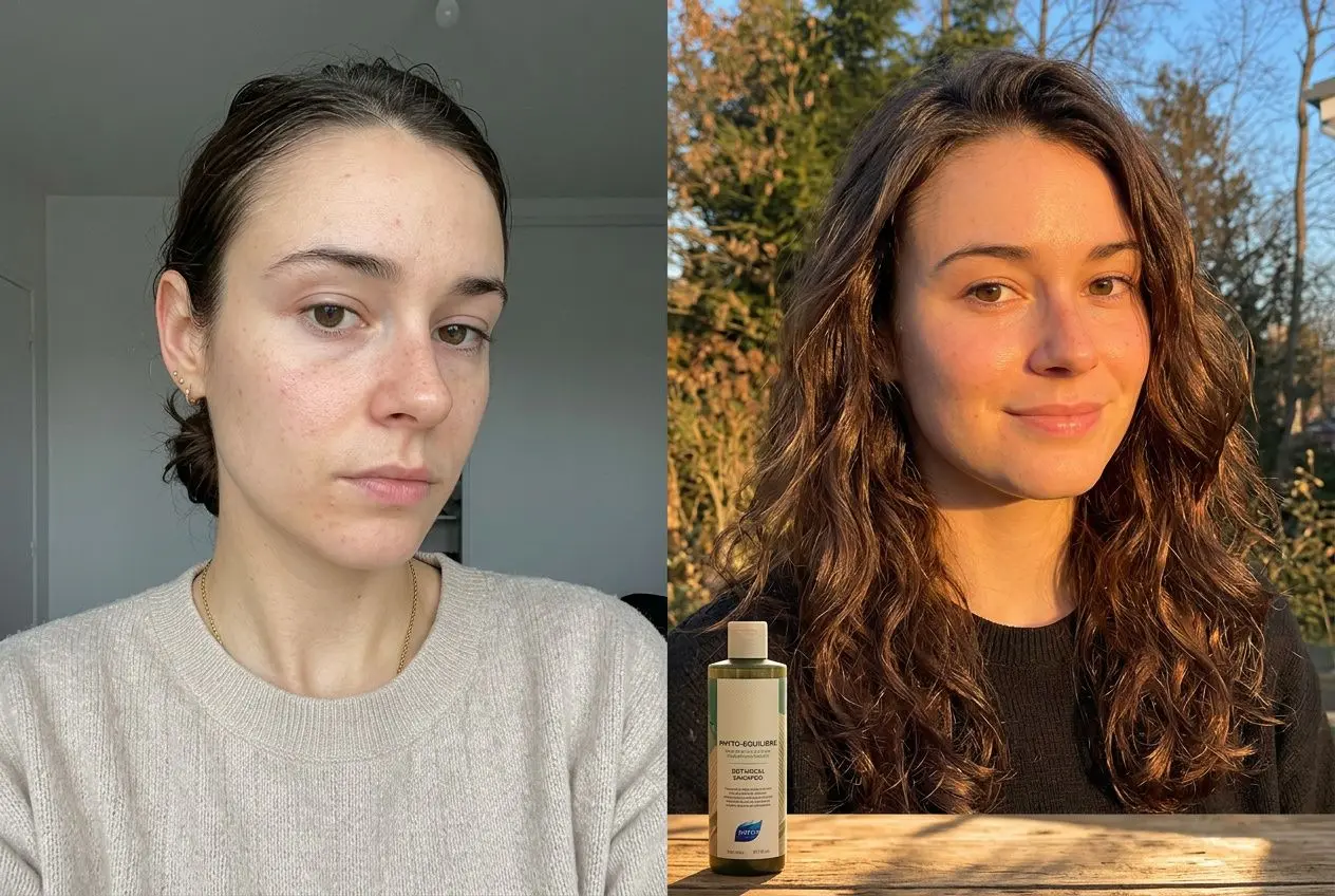 Avant/après comparaison de soins cheveux naturels sans chimie : visage avant à gauche sans maquillage, cheveux raides et clairsemés; à droite, après traitement, cheveux plus volumineux et brillants près d’un shampooing sans sulfates.