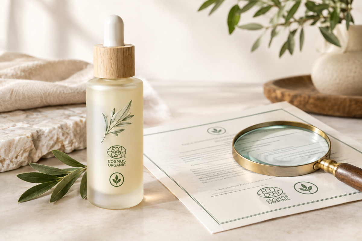 Huile végétale et cosmétiques bio: flacon d’huile, coco, aloès et noix visibles, arbres et composants naturels autour. certification bio cosmétiques présente.