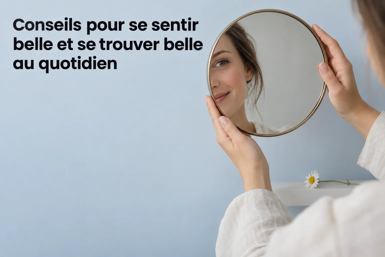 Conseils pour se sentir belle et se trouver belle au quotidien: femme se regardant dans un miroir rond, sourire lumineux.