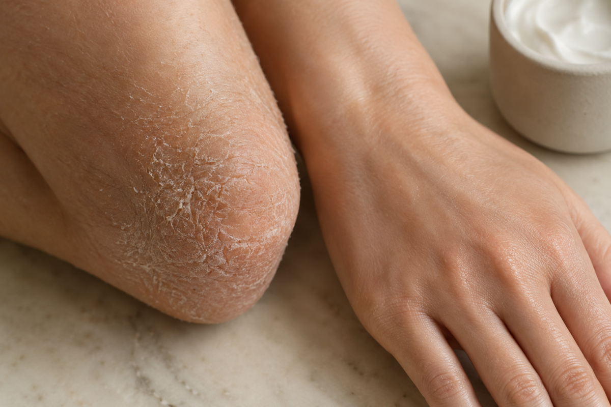 Peau très sèche et desquamée sur le talon contrastant avec une peau normale sur la main, pot de crème à côté