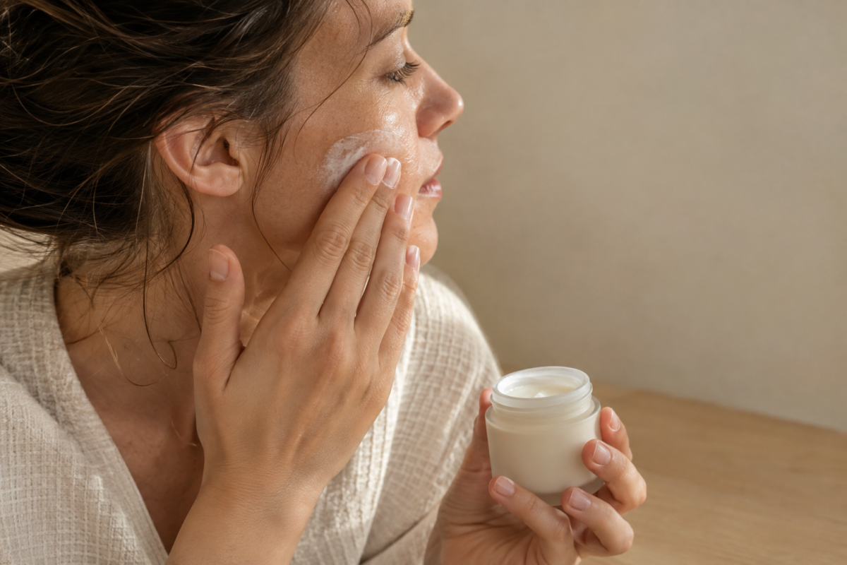 Femme de profil en peignoir beige appliquant une crème blanche sur la joue, un pot ouvert à la main