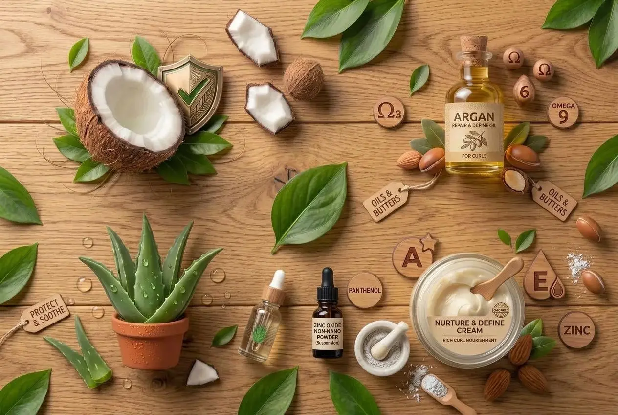 Crème solaire maison entourée d’ingrédients naturels (beurre de karité, huile de coco, zinc, cocos, aloe) et accessoires DIY, conseils pour protection solaire naturelle fait maison.
