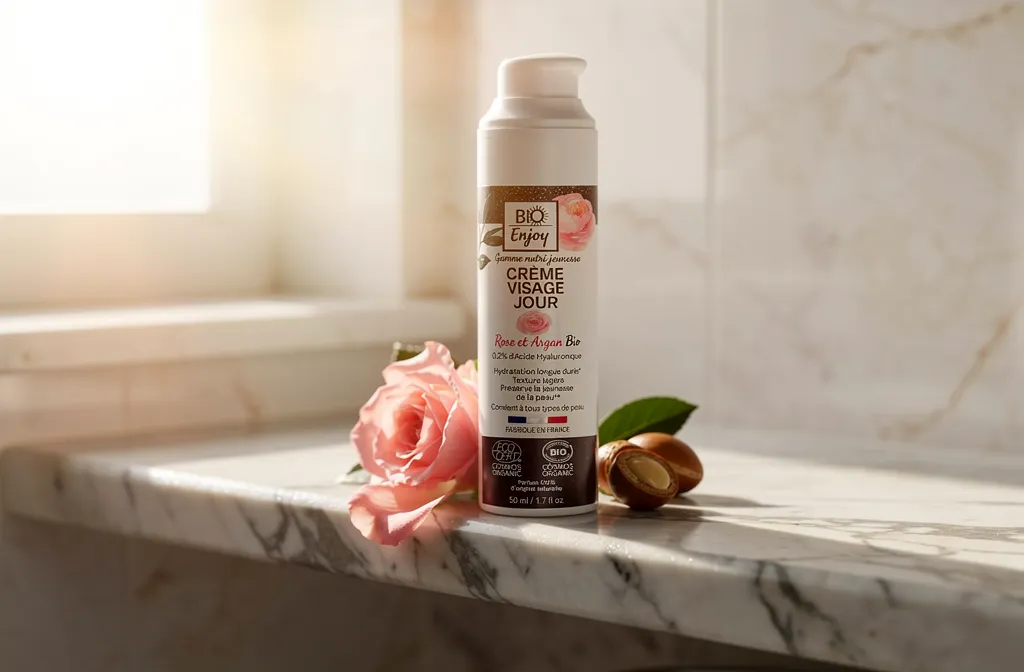Crème visage bio Enjoy sur rebord de fenêtre, flacon pompe blanc et rose, rose églantine et noisettes à côté - marque recommandée par les dermatologues.