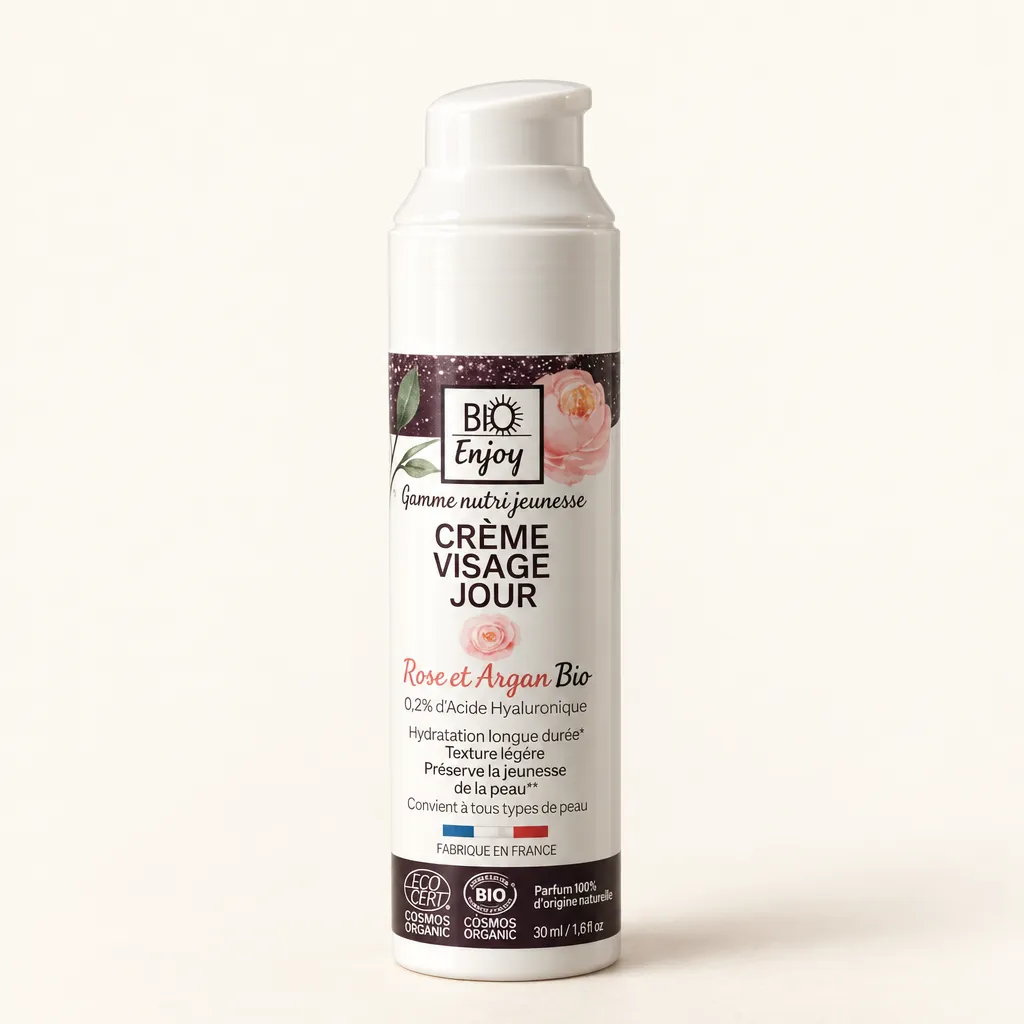 Crème visage jour Bio Enjoy rose et argan, hydratation légère, recyclable, pour tous types de peau, fabriquée en France. Marque recommandée par les dermatologues.