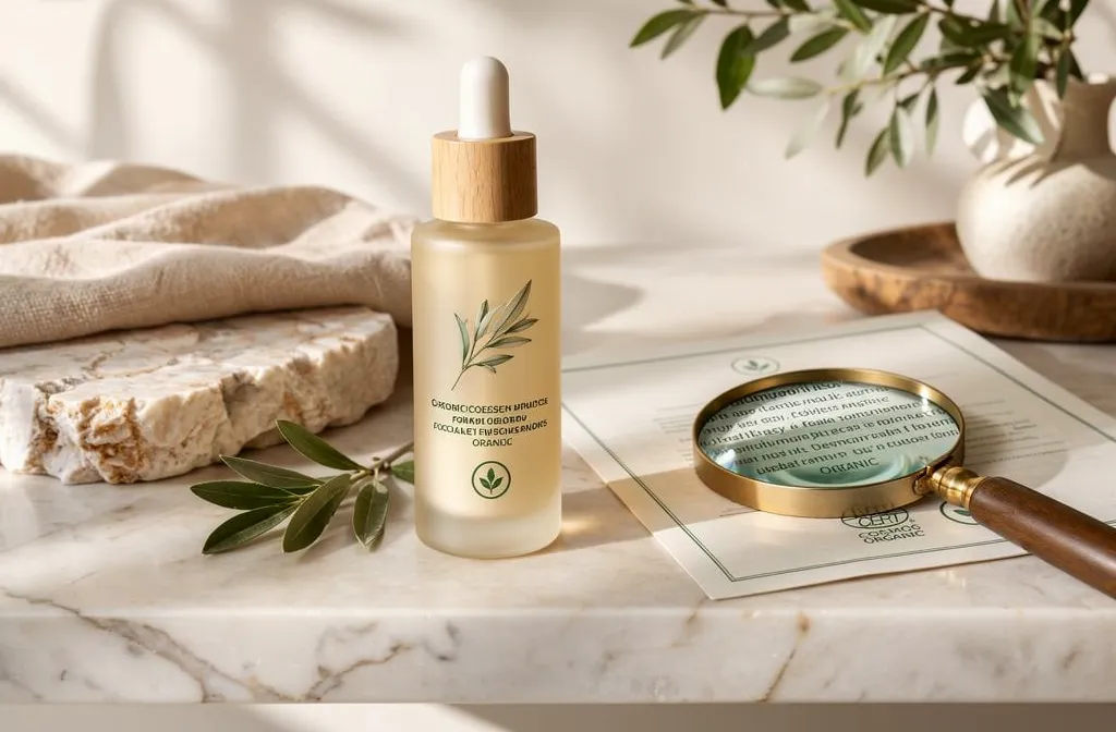 Flacon pipette à moitié plein avec étiquette végétale, posé sur une surface marbrée, entouré de pierres et d’une loupe dorée, ambiance naturelle pour routines beauté naturelle personnalisées