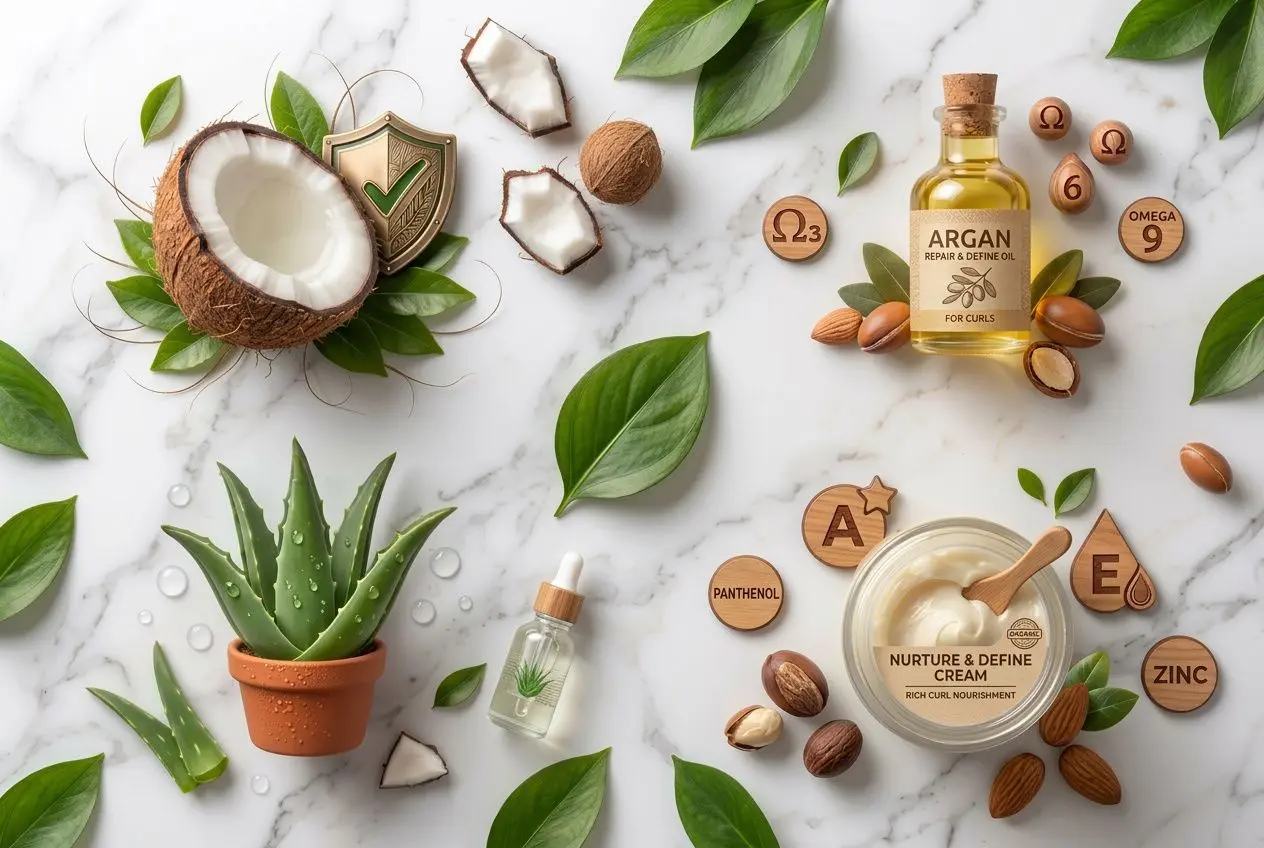 Huile et ingrédients naturels pour cheveux: cocotier, aloe, amandes et crème nourrissante, avec huiles essentiels et plantes pour un soin naturel efficace.