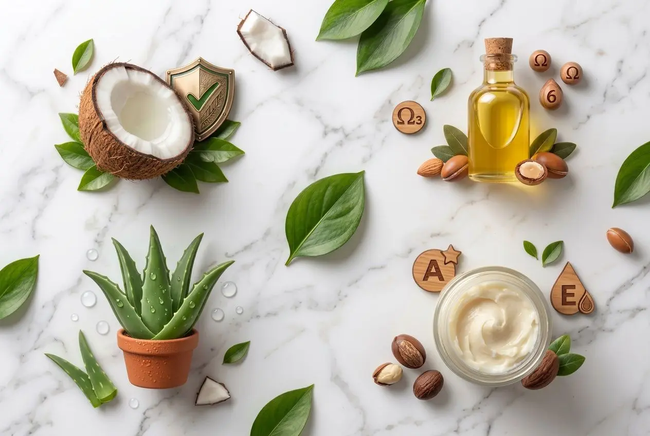 Huiles et beurres végétaux pour soins cheveux naturels sans chimie : huile d’amande, aloé et coco autour d’un pot crème et d’un petit shampoing naturel.