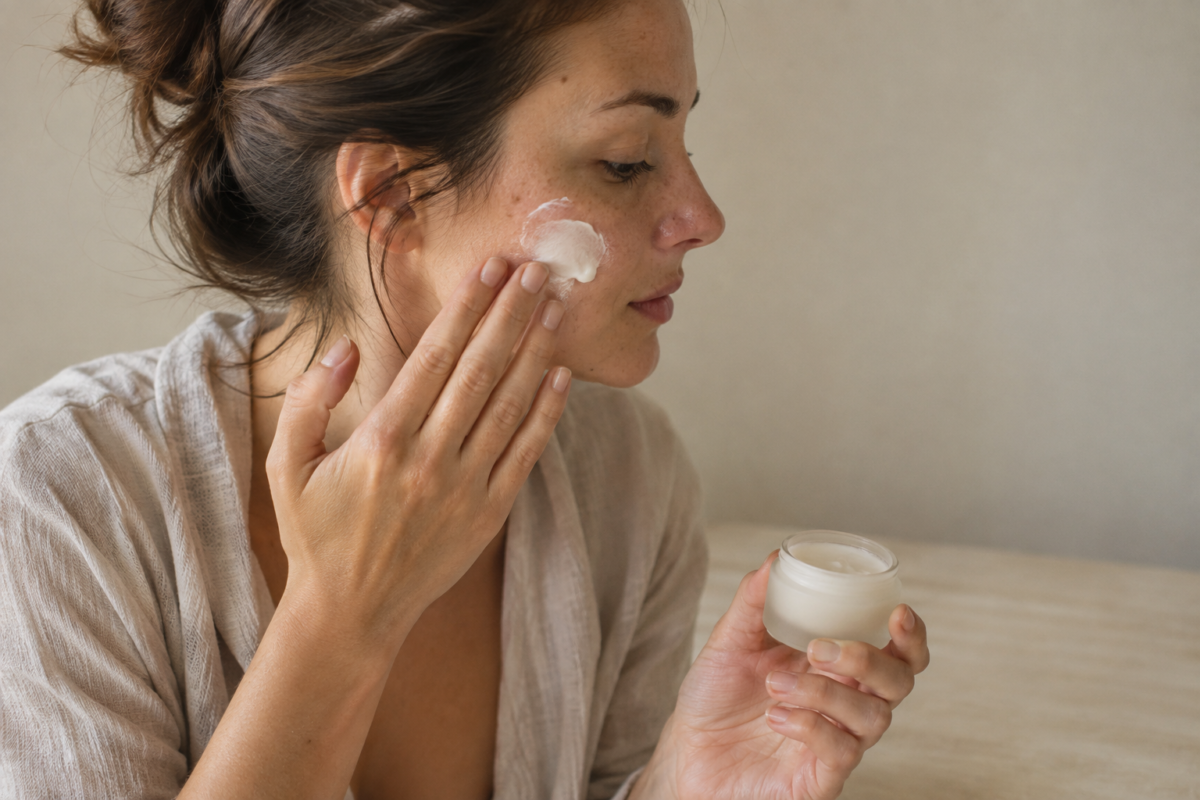 Femme appliquant une crème blanche épaisse sur son visage le soir, pot de soin à la main